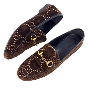 Gucci Loafers GG Logo Chocolate Brown Supreme Jordaan Gold Horsebit Shoes EU36